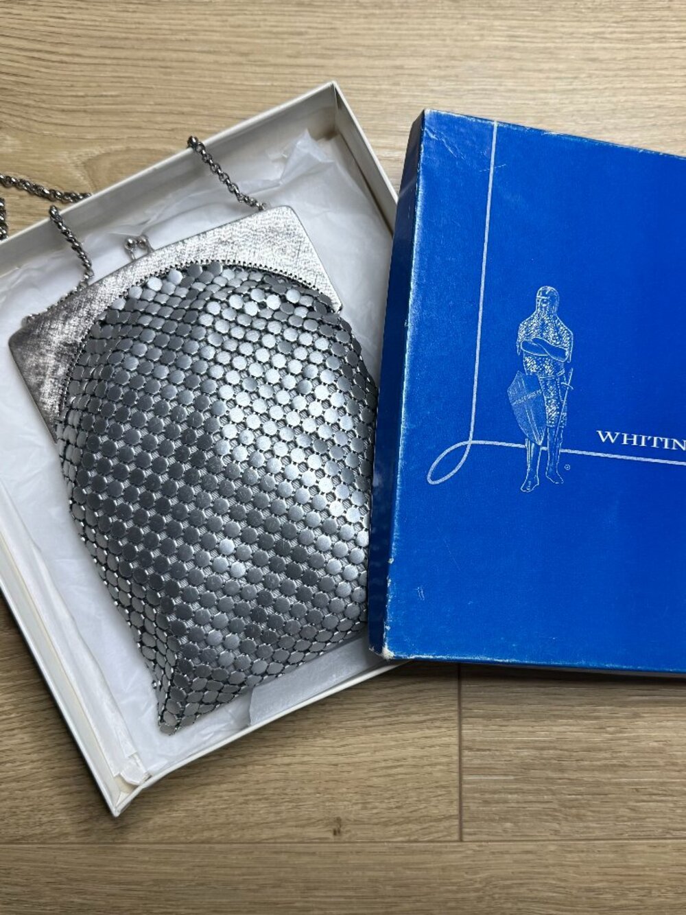 Vintage Whiting & Davis Silver Metal Mesh Purse Bag Metal Frame Chain + Box